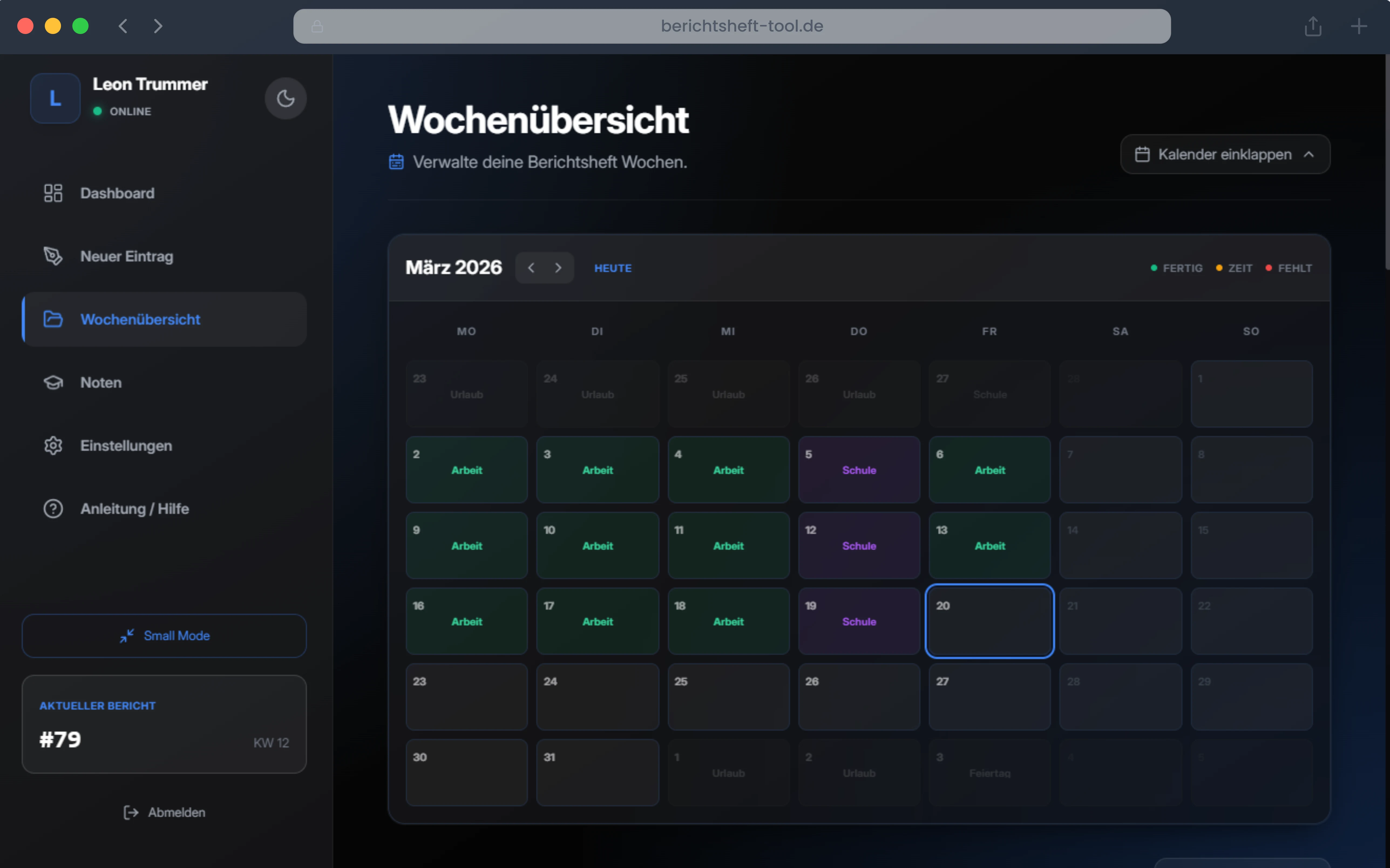 Dashboard Tageseintrag